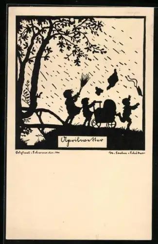 Künstler-AK M. Sachse-Schubert: Kinder mit Kinderwagen in plötzlichem Regenschauer, Aprilwetter, Scherenschnitt