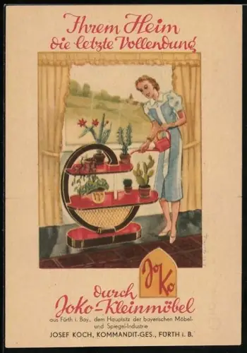 AK Fürth i. B., Junge Frau beim Giessen von Kakteen auf Joko-Kleinmöbel