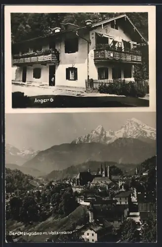 AK Berchtesgaden, Ortsansicht mit Watzmann, Hotel-Pension Anger 6