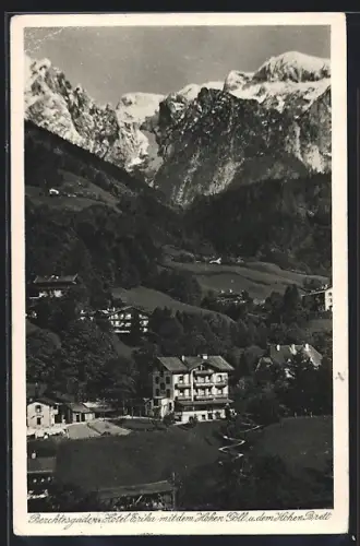 AK Berchtesgaden, Hotel Erika mit dem Hohen Göll und dem Hohen Brett