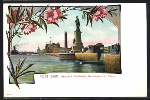 AK Port-Said, Statue à Ferdinand de Lesseps et Phare
