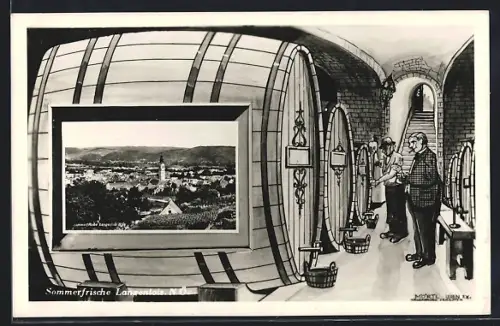 Künstler-AK Langenlois, Totalansicht im Weinfass, Weinkeller mit Treppe, Verkostung