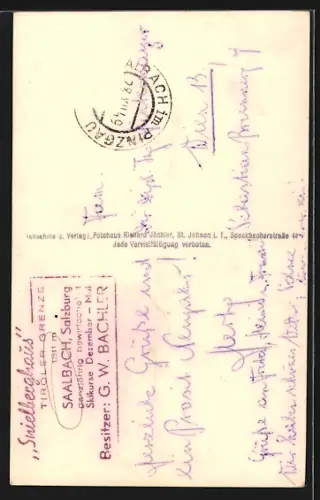 AK Saalbach /Salzburg, Spielberghaus im Winter, Besitzer G. W. Bachler
