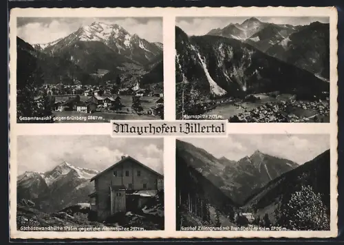 AK Mayrhofen i. Zillertal, Gasthof Zillergrund, Gesamtansicht gegen Grünberg, Gschösswandhütte gegen die Ahornspitze