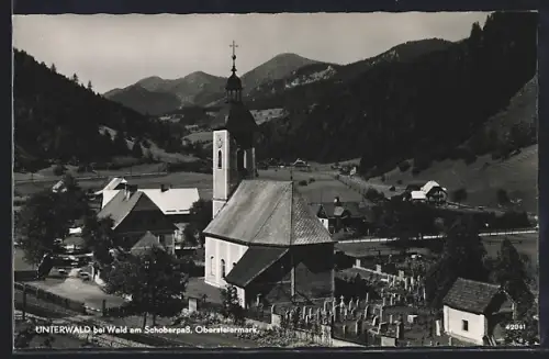 AK Wald am Schoberpass, Unterwald, Kirche mit Friedhof