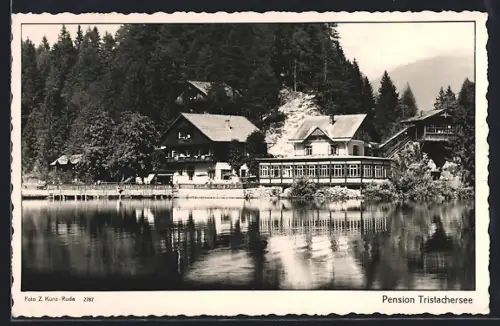 AK Lienz, Tristachersee, Pension Tristachersee mit Bergpanorama