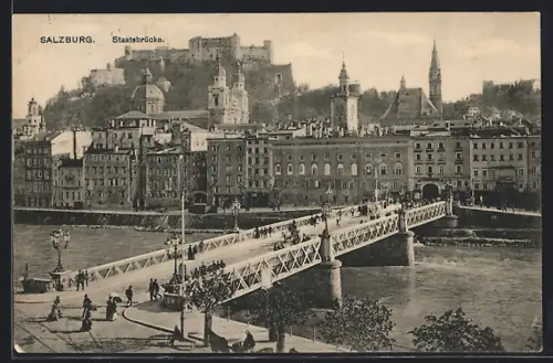 AK Salzburg, Staatsbrücke, Im Hintergrund Festung