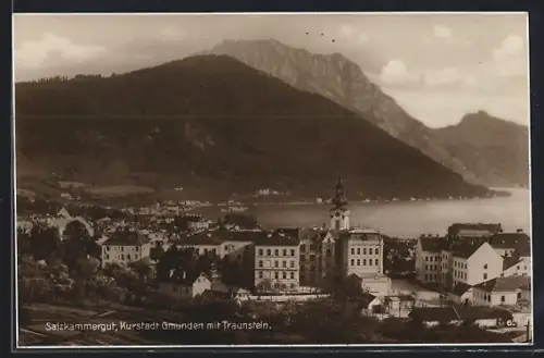 AK Gmunden, Salzkammergut, Teilansicht mit Traunstein