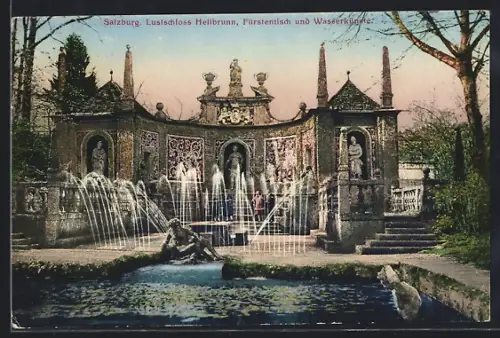 AK Salzburg, Lustschloss Hellbrunn, Fürstentisch und Wasserkünste