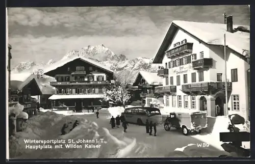 AK St. Johann i. T., Hauptplatz mit Wildem Kaiser, Gasthof zur Mauth, Post- und Telegraphenamt