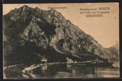 AK Gmunden, Gasthaus Hois`n am Fusse des Traunstein