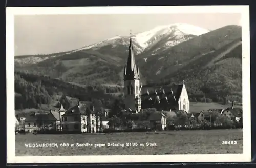AK Weisskirchen, Ortspartie mit Kirche gegen Grössing