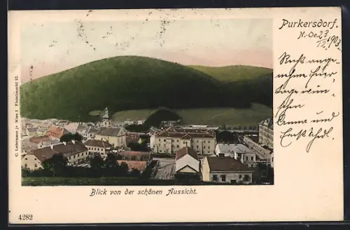 AK Purkersdorf /N.-Oe., Blick von der schönen Aussicht mit Kirche