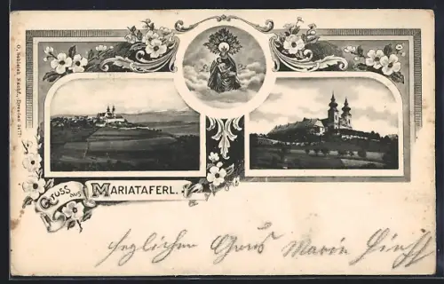 AK Maria Taferl, Ortsansicht, Kirche, Gnadenbild, Blumen-Ornamente