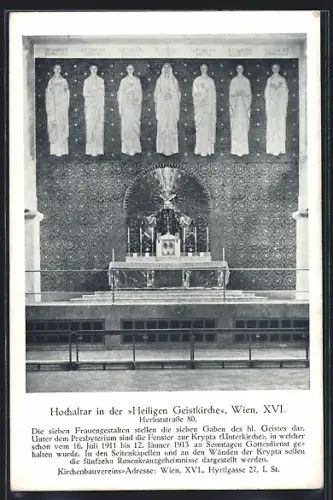 AK Wien, Heilige Geistkirche Herbststrasse 80, Hochaltar mit Frauenfiguren, Bausteinkarte Kirchenbauverein