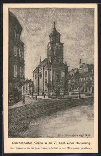 Künstler-AK Wien, Gumpendorfer Kirche mit Apotheke