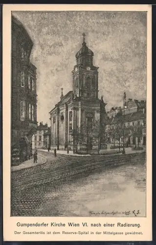 Künstler-AK Wien, Gumpendorfer Kirche mit Apotheke