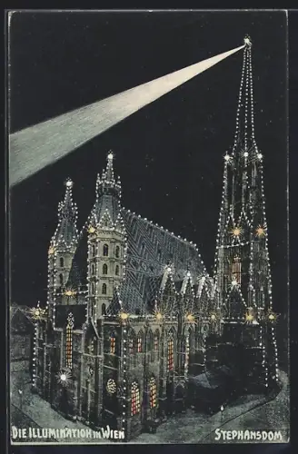 AK Wien, Illuminierter Stephansdom aus der Vogelschau