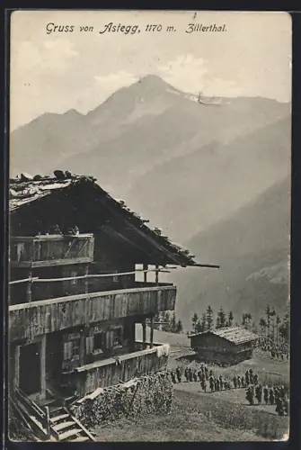 AK Finkenberg /Zillerthal, Gasthaus Astegg mit Versammlung