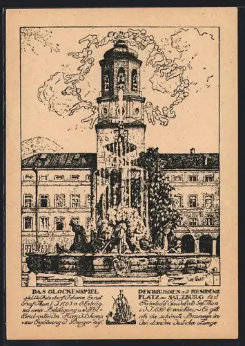 Künstler-AK Salzburg, Residenzplatz, Glockenspiel und Hofbrunnen