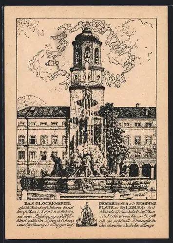 Künstler-AK Salzburg, Residenzplatz, Glockenspiel u. Hofbrunnen