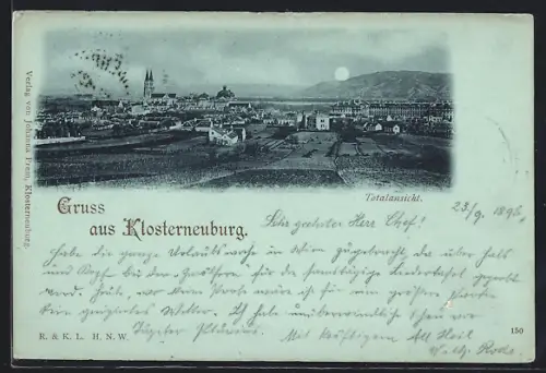Mondschein-AK Klosterneuburg, Totalansicht mit Feldern