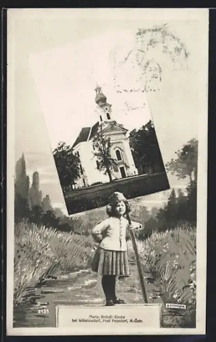 AK Poysdorf, Wilhelmsdorf, Mädchen hält Schild mit einem Bilder der Maria-Bründl-Kirche