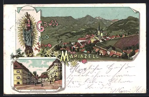 Künstler-AK Mariazell, Teilansicht mit Kirche, Wienergasse, Marienstatue