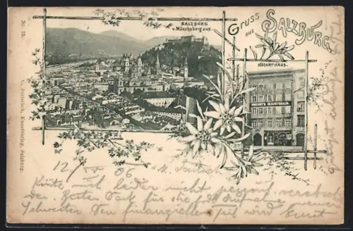 AK Salzburg, Teilansicht vom Mönchsberg aus, Mozart-Haus