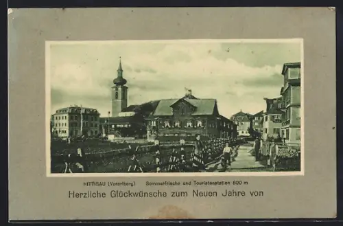 AK Hittisau /Vorarlberg, Strassenpartie mit Kirche, Neujahrsgruss