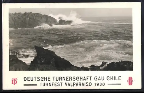 AK Valparaiso, Turnfest Valapraiso 1930, Deutsche Turnerschaft Gau Chile, Küstenlinie