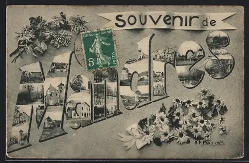 AK Mandres, Souvenir illustré de Mandres avec fleurs et scènes locales