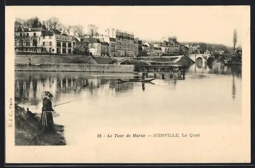 AK Joinville, Le Quai et pêcheur au bord de la Marne
