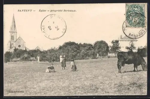 AK Santeny, Église, propriété Berteaux avec des personnes et une vache dans un champ