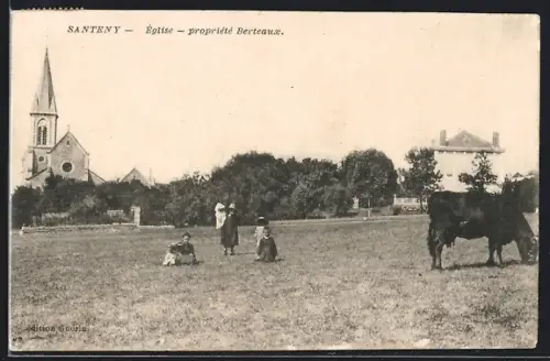 AK Santeny, Église, propriété Berteaux, scène rurale avec église et vaches dans un champ
