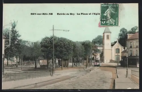AK Bry-sur-Marne, Entrée de Bry, La Place et l`Eglise