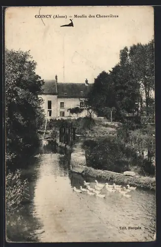 AK Coincy /Aisne, Moulin des Chenevières avec des canards sur la rivière