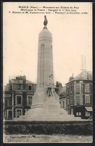 AK Marle /Aisne, Monument aux Enfants du Pays Morts pour la France, inauguré le 15 Juin 1924