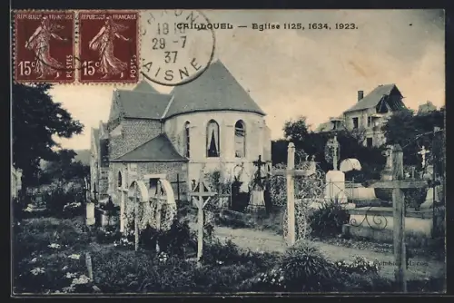AK Caillouel, Église 1125, 1634, 1923 et le cimetière environnant