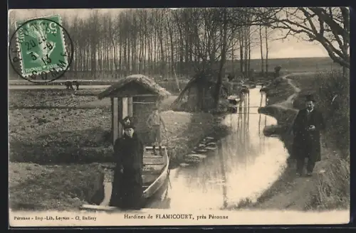 AK Flamicourt /Péronne, Jardins et canaux près de Péronne