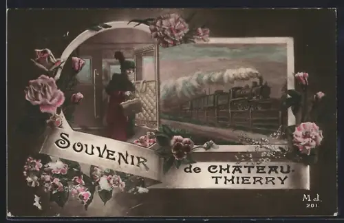 AK Château-Thierry, Souvenir avec train à vapeur et élégante dame à la gare