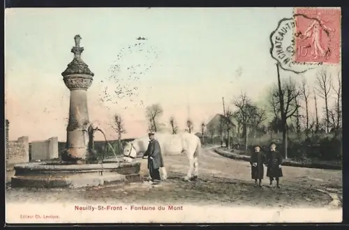 AK Neuilly-St-Front, Fontaine du Mont avec cheval et deux enfants