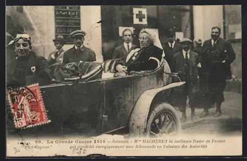 AK Soissons, Mme Macherey répondant aux Allemands en 1914 pendant la Grande Guerre