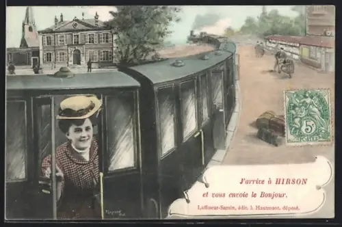 AK Hirson, Arrivée en train avec vue sur la ville et message de bienvenue