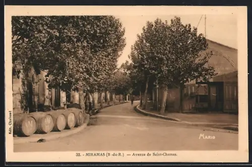 AK Miramas /B.-du-R., Avenue de Saint-Chamas avec barriques et arbres alignés