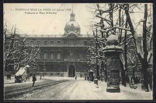 AK Marseille, Préfecture et Place St-Ferreol sous la neige, 14 Janvier 1914