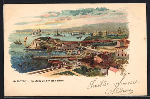 Lithographie Marseille, Les Bains de Mer des Catalans avec vue sur le port et les navires