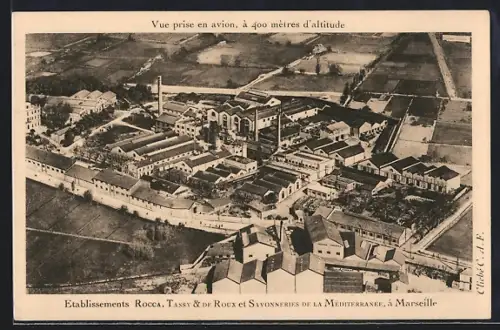 AK Marseille, Établissements Rocca, Tassy & de Roux et Savonneries de la Méditerranée, vue aérienne