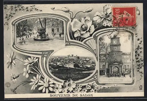 AK Salon, Souvenir avec fontaine, vue du village et bâtiment historique