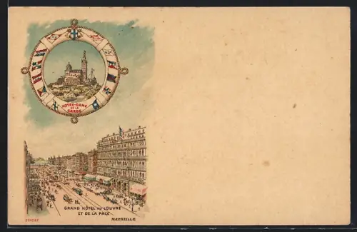 Lithographie Marseille, Grand Hôtel du Louvre et de la Paix avec Notre-Dame de la Garde